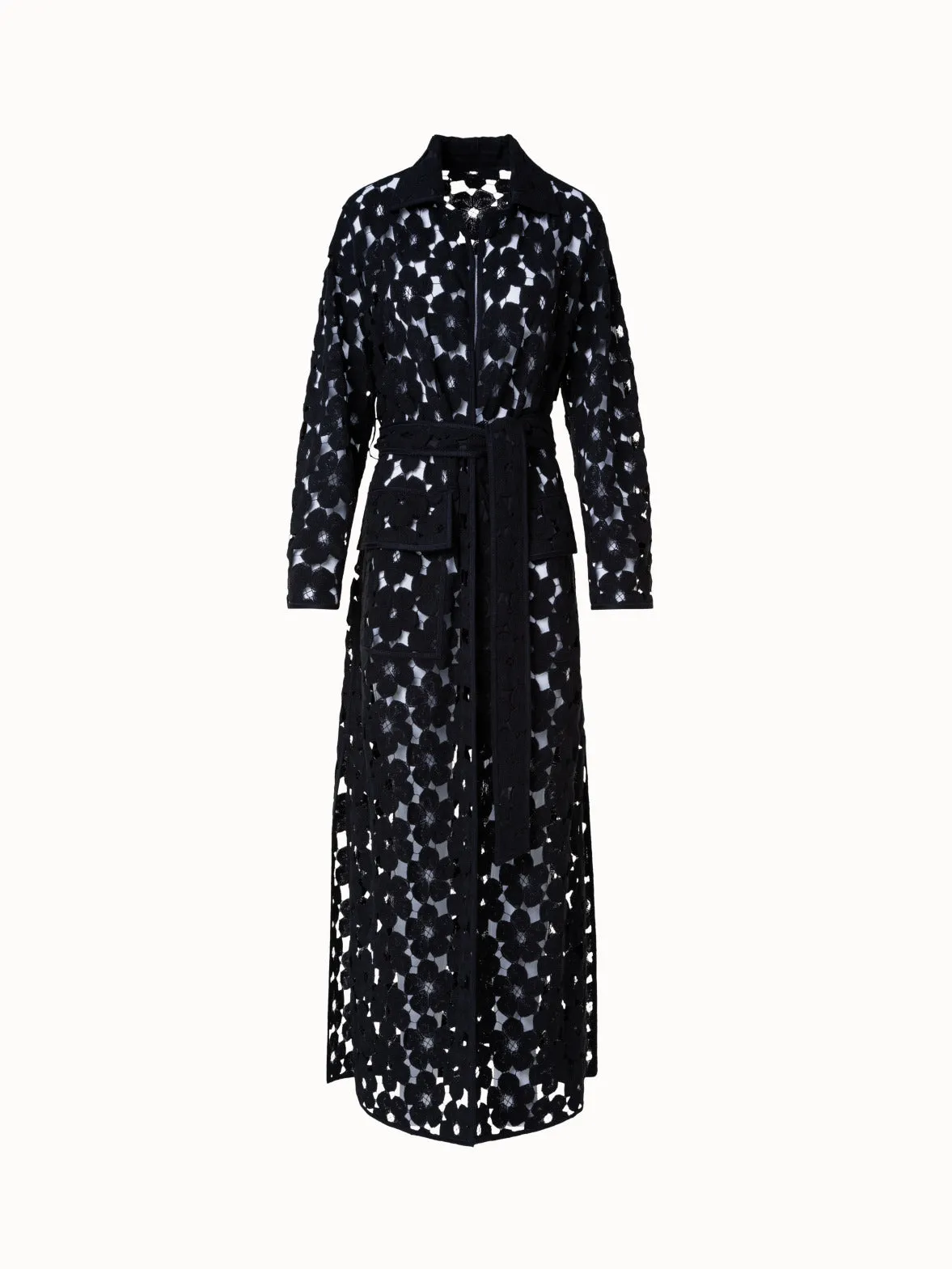 Maxi Coat with Allover Anemone Embroidery Akris