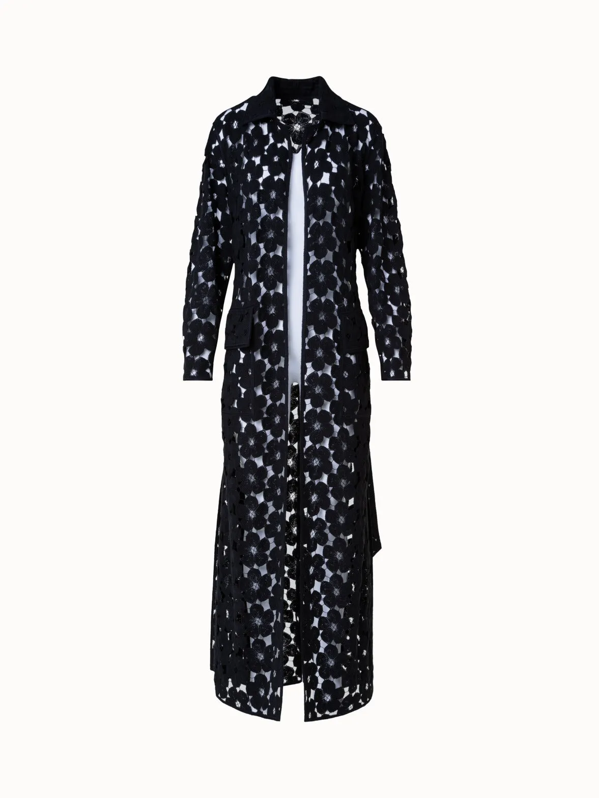 Maxi Coat with Allover Anemone Embroidery Akris