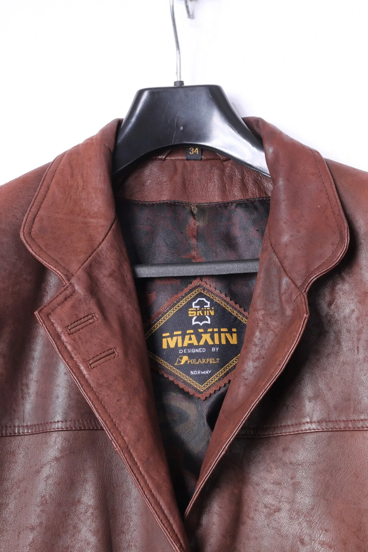 Maxin Norway Women 34 M Jacket Brown Leather Oversize Polarpels Single Breasted Blazer