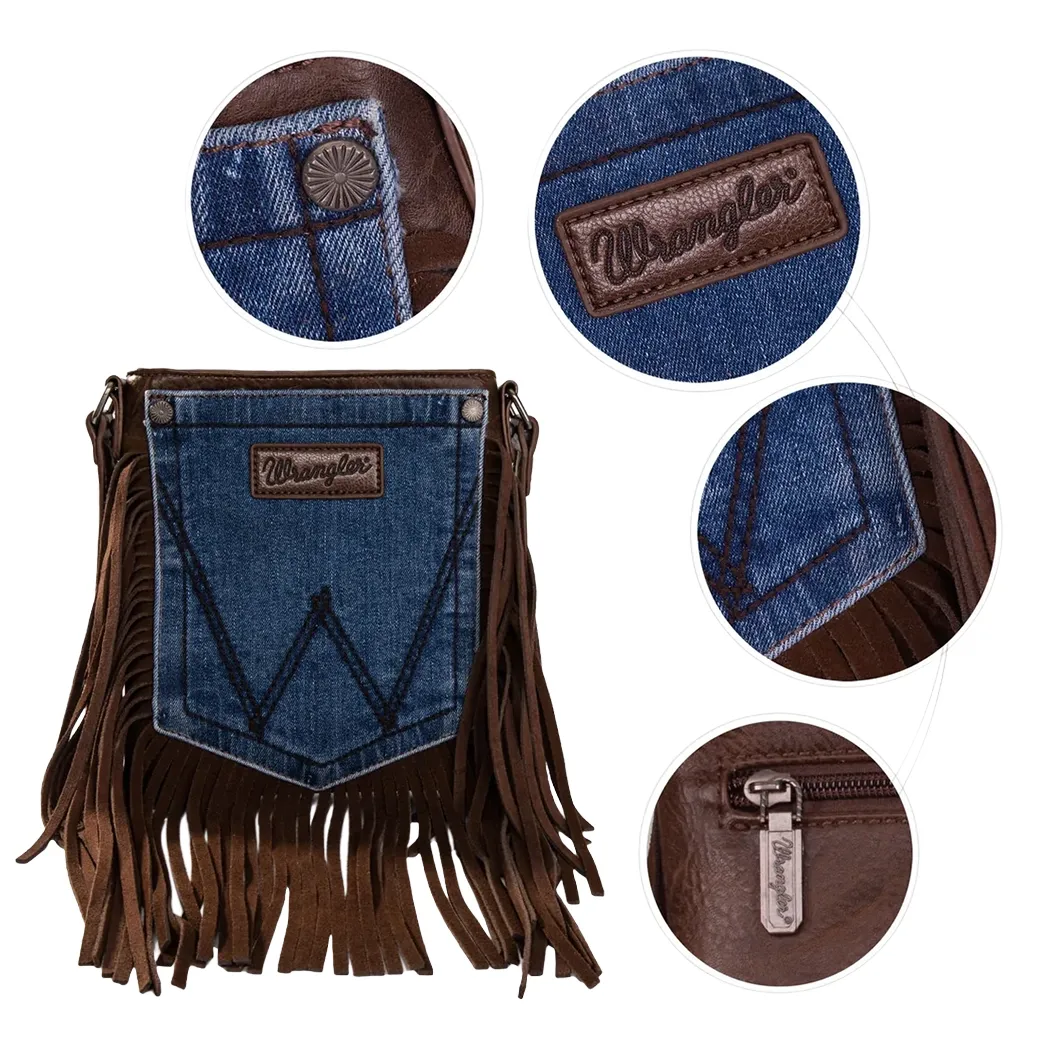 Montana West Wrangler Chocolate Fringe Denim Pocket Crossbody