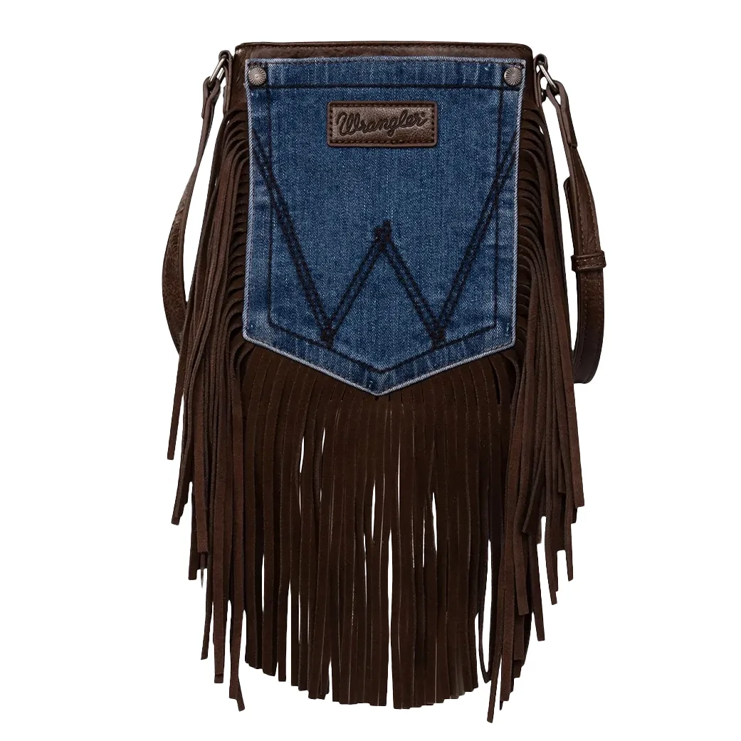 Montana West Wrangler Chocolate Fringe Denim Pocket Crossbody