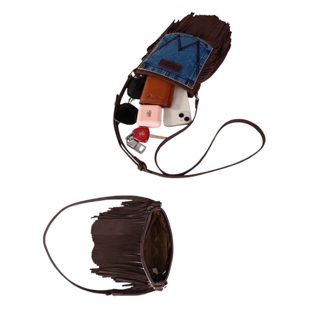 Montana West Wrangler Chocolate Fringe Denim Pocket Crossbody