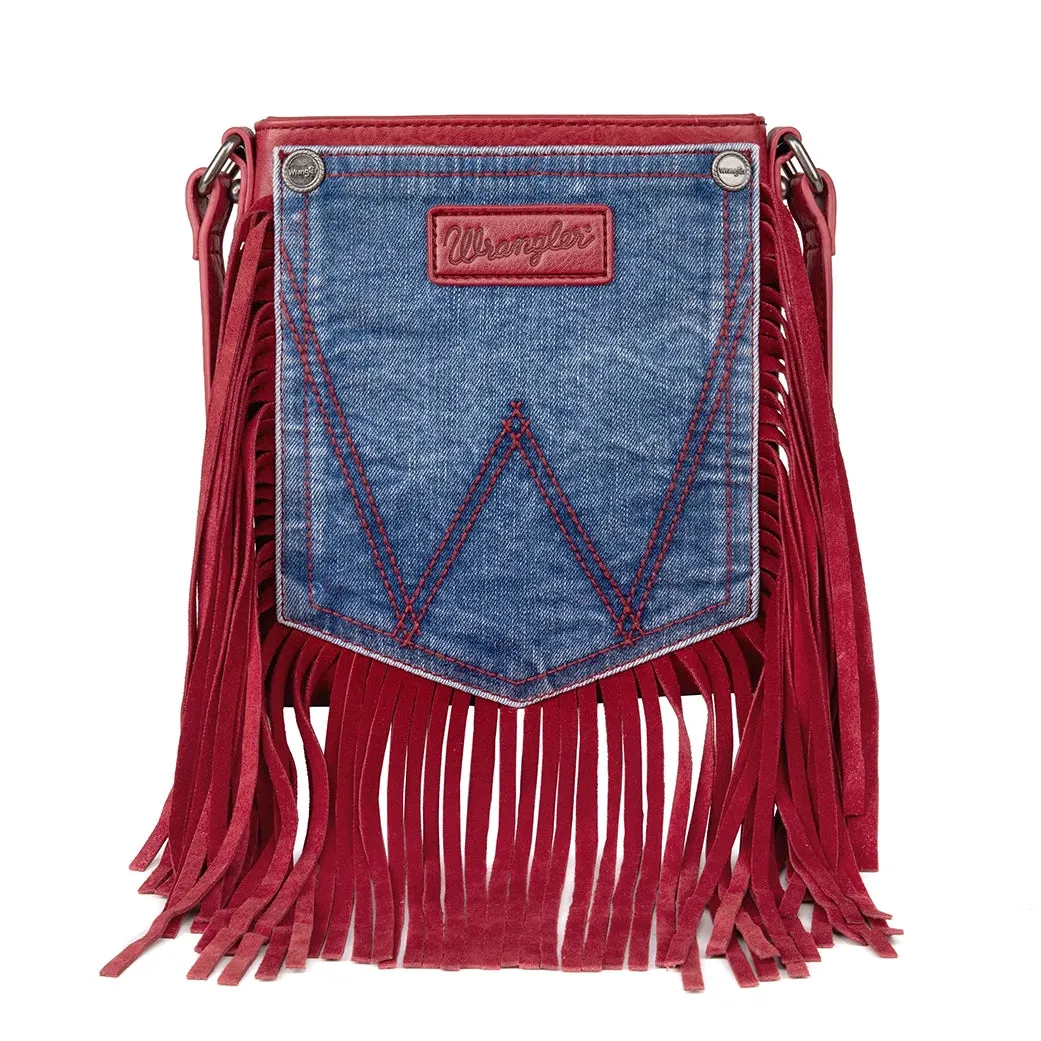Montana West Wrangler Red Fringe Denim Pocket Crossbody