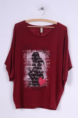Multiblu Womens XL Blouse Graphic Shirt Bat Sleeve Top Crew Neck Burgundy