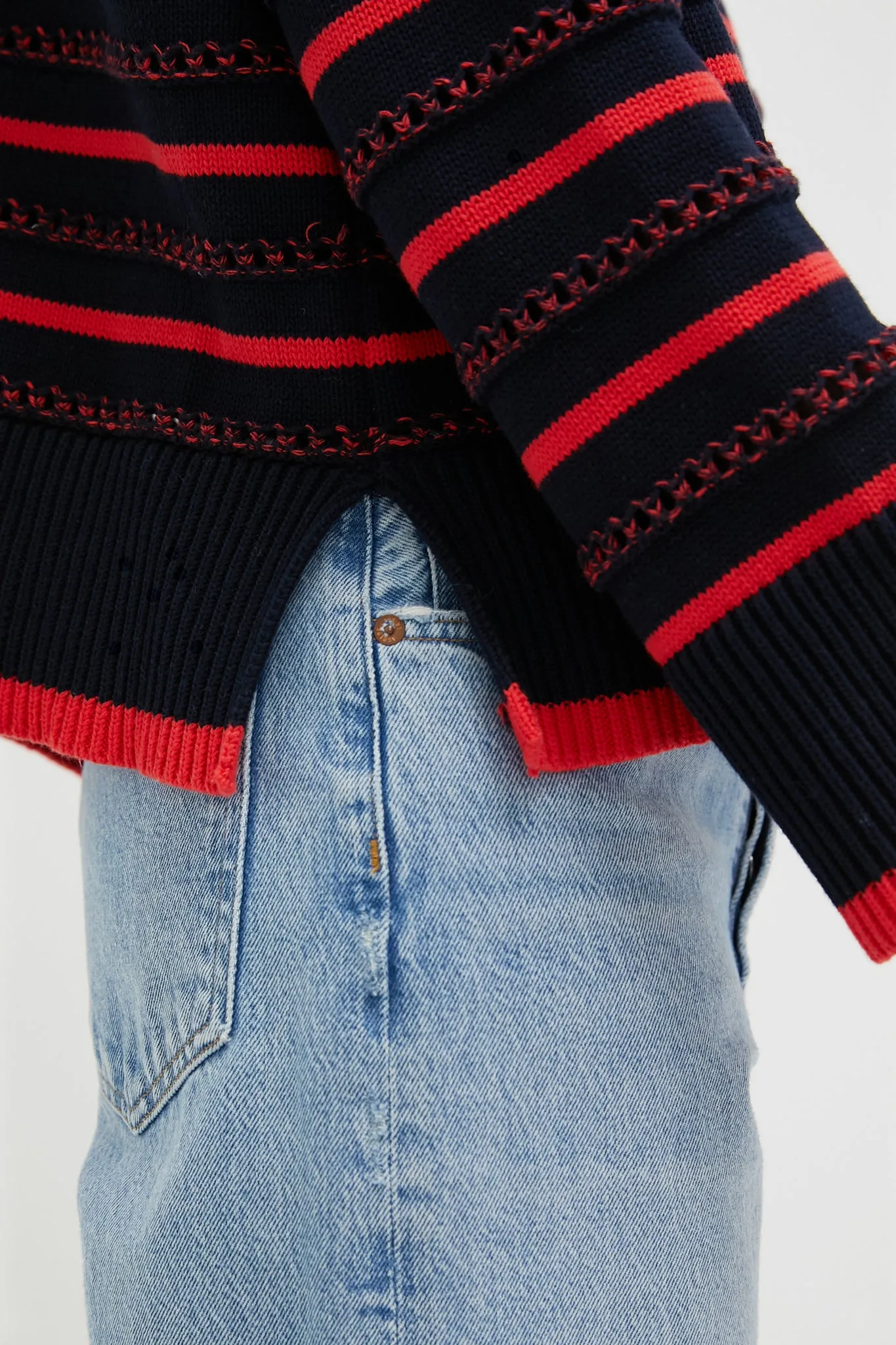 Navy and Red Pointelle Stripe Maxine Sweater
