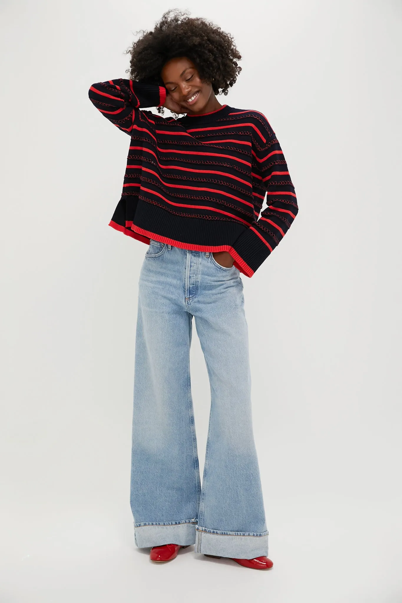 Navy and Red Pointelle Stripe Maxine Sweater
