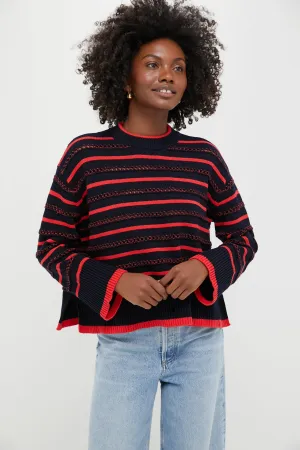 Navy and Red Pointelle Stripe Maxine Sweater