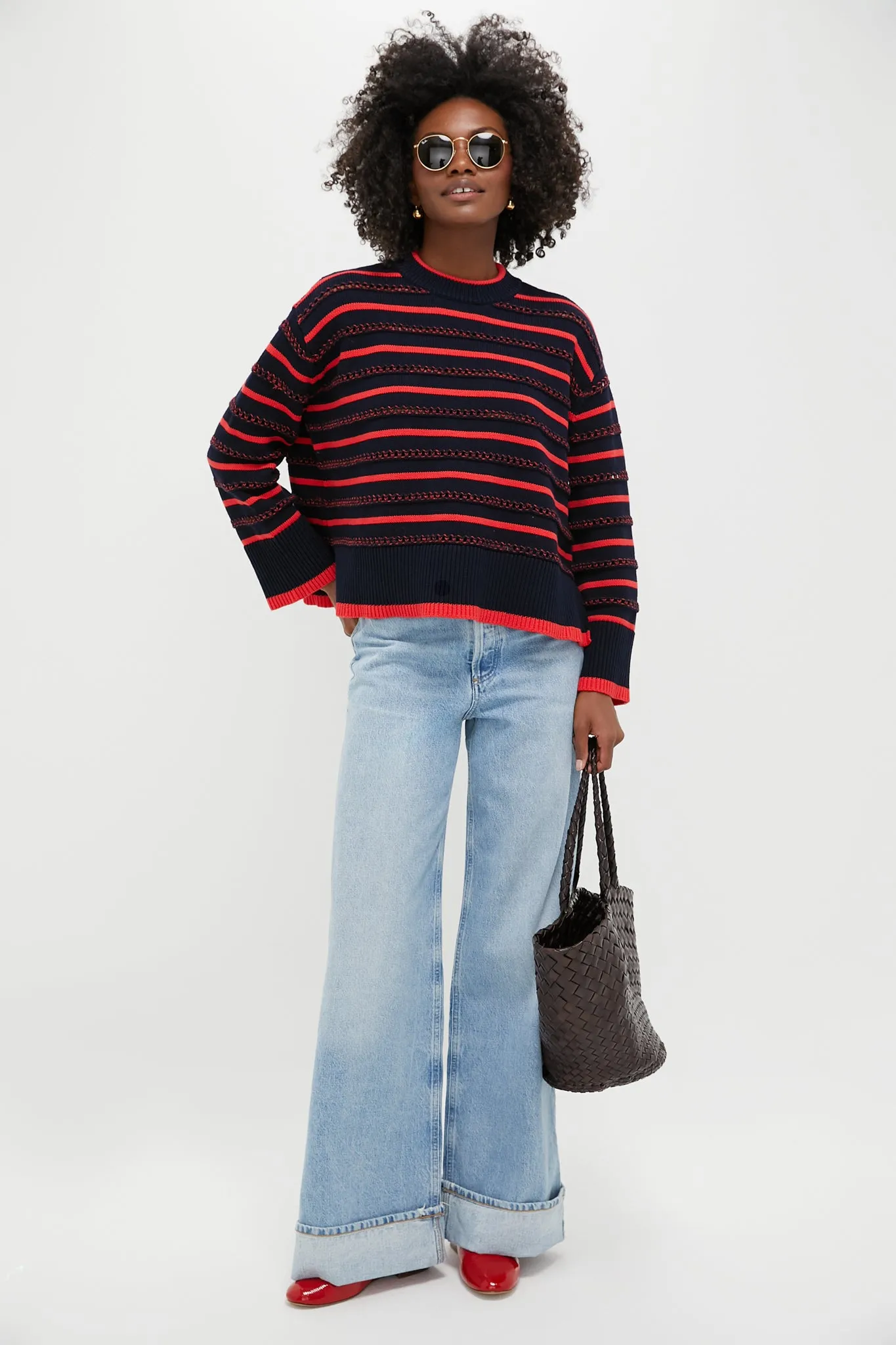 Navy and Red Pointelle Stripe Maxine Sweater