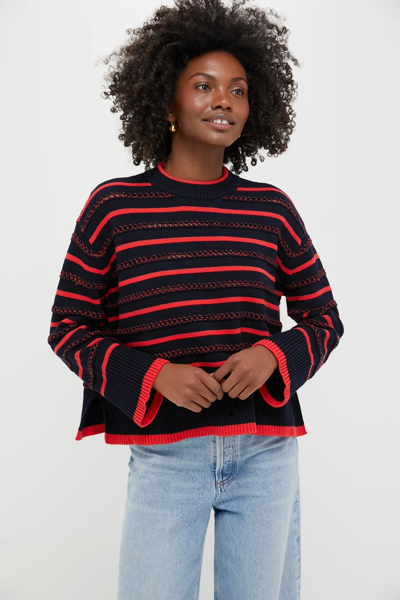 Navy and Red Pointelle Stripe Maxine Sweater