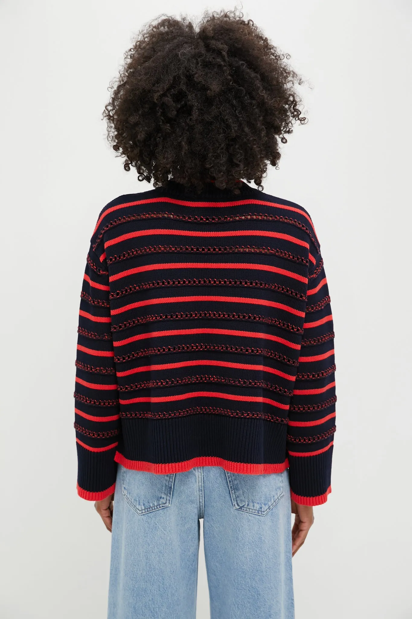 Navy and Red Pointelle Stripe Maxine Sweater