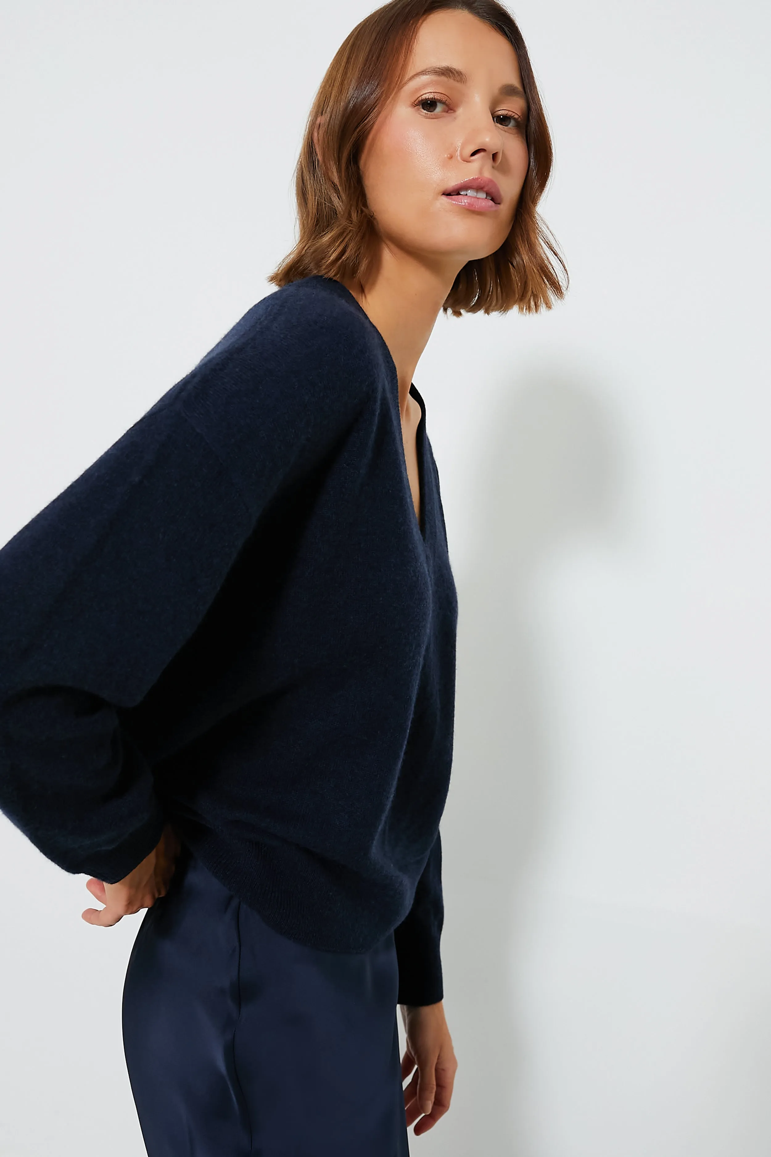 Navy Cashmere Emma V-Neck Boyfriend Sweater