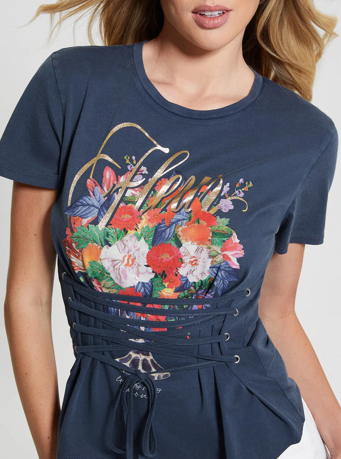 Navy Garden Glow Up Lace T-Shirt Guess