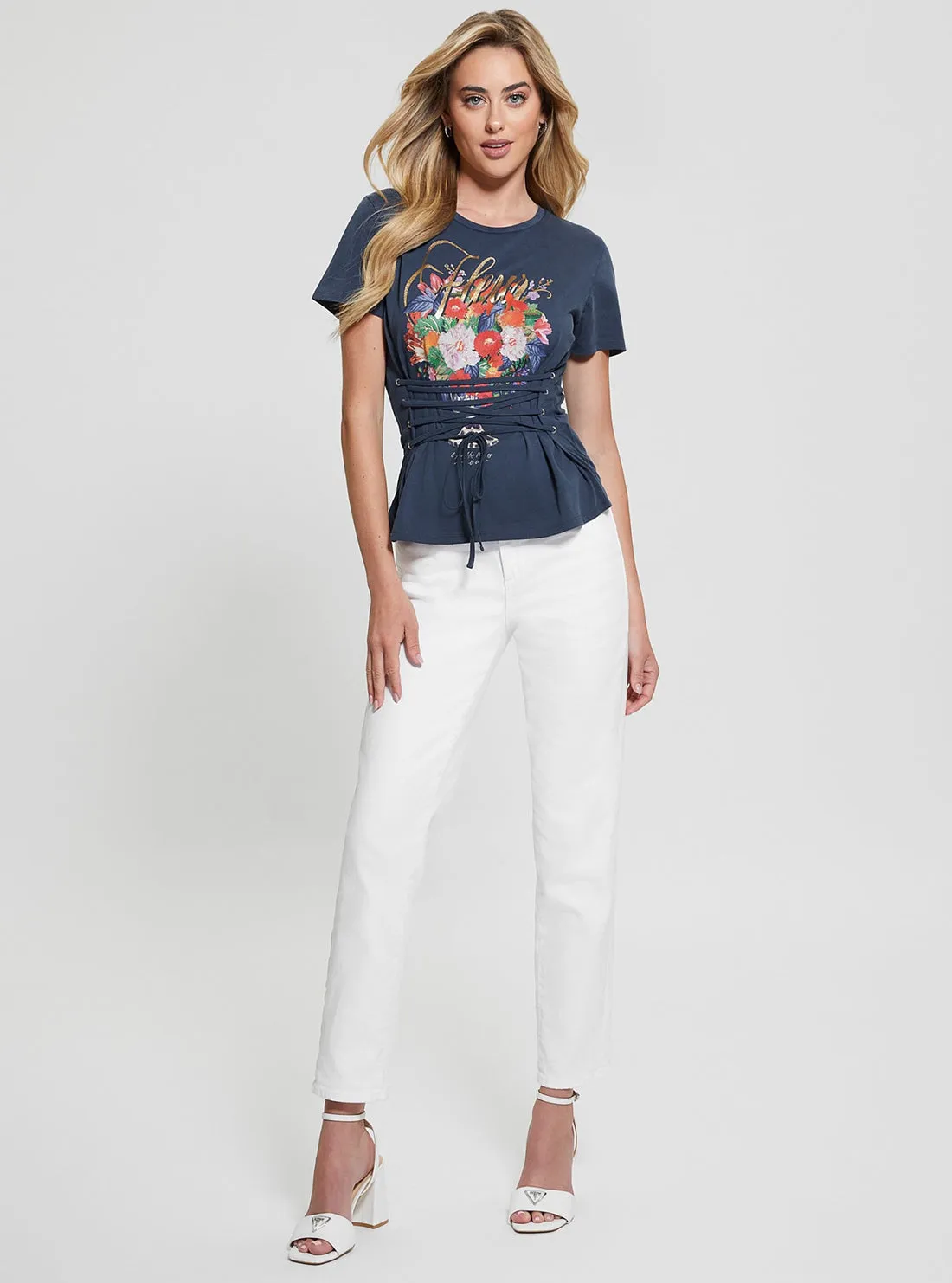 Navy Garden Glow Up Lace T-Shirt Guess