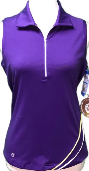 NEW GGBlue Dark Purple Sleeveless 1/2 Zip Polo w/Yellow Accent Size S MSP$75