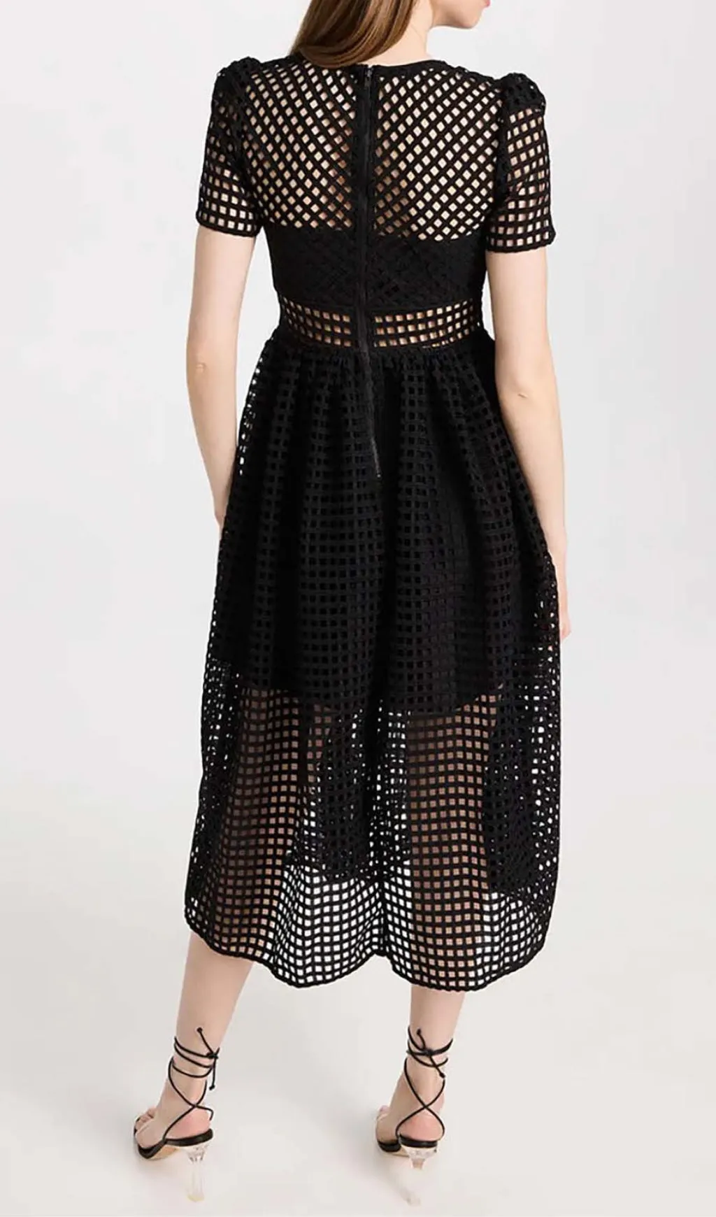 PUFFED SLEEVE LACE MIDI DRESS IN BLACK Gloria Lanvin