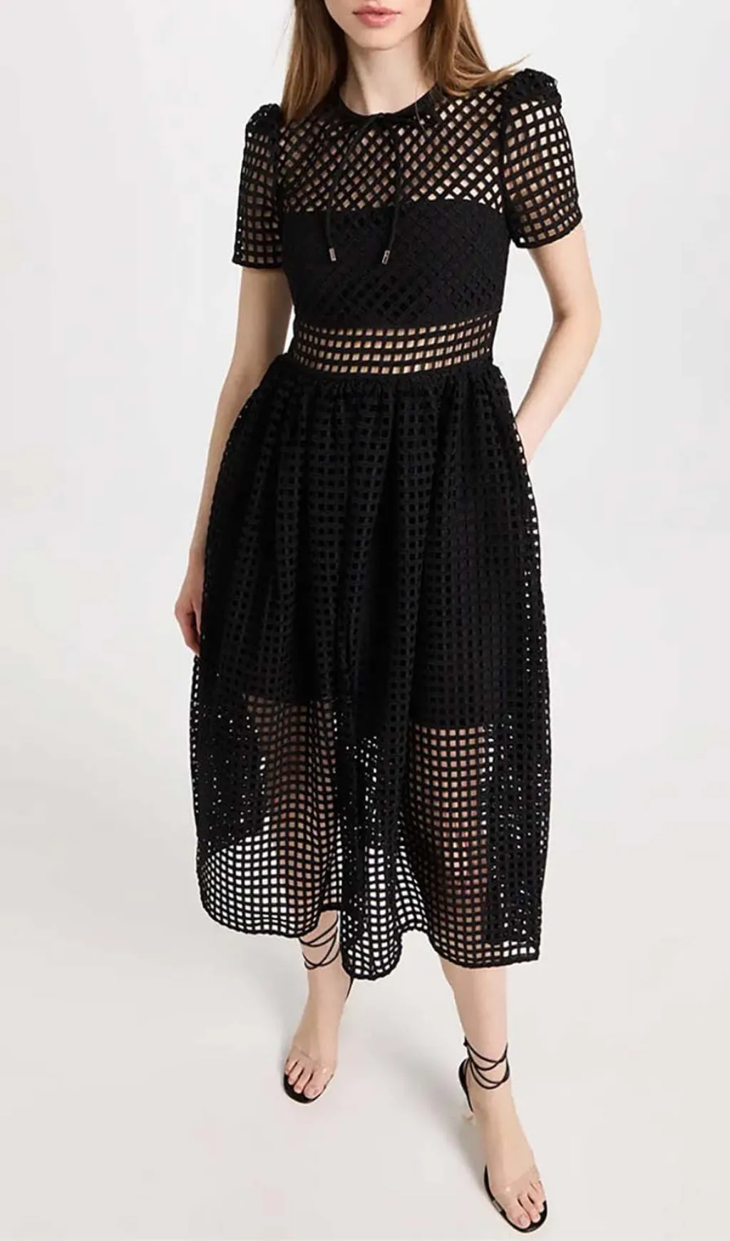 PUFFED SLEEVE LACE MIDI DRESS IN BLACK Gloria Lanvin