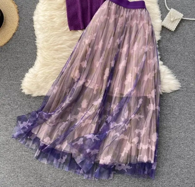 Purple High Waist Gauze Skirt Set Anna Kay Co