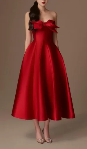 RED FLARED SEMI-HEART NECK TAFFETA MIDI DRESS Gloria Lanvin