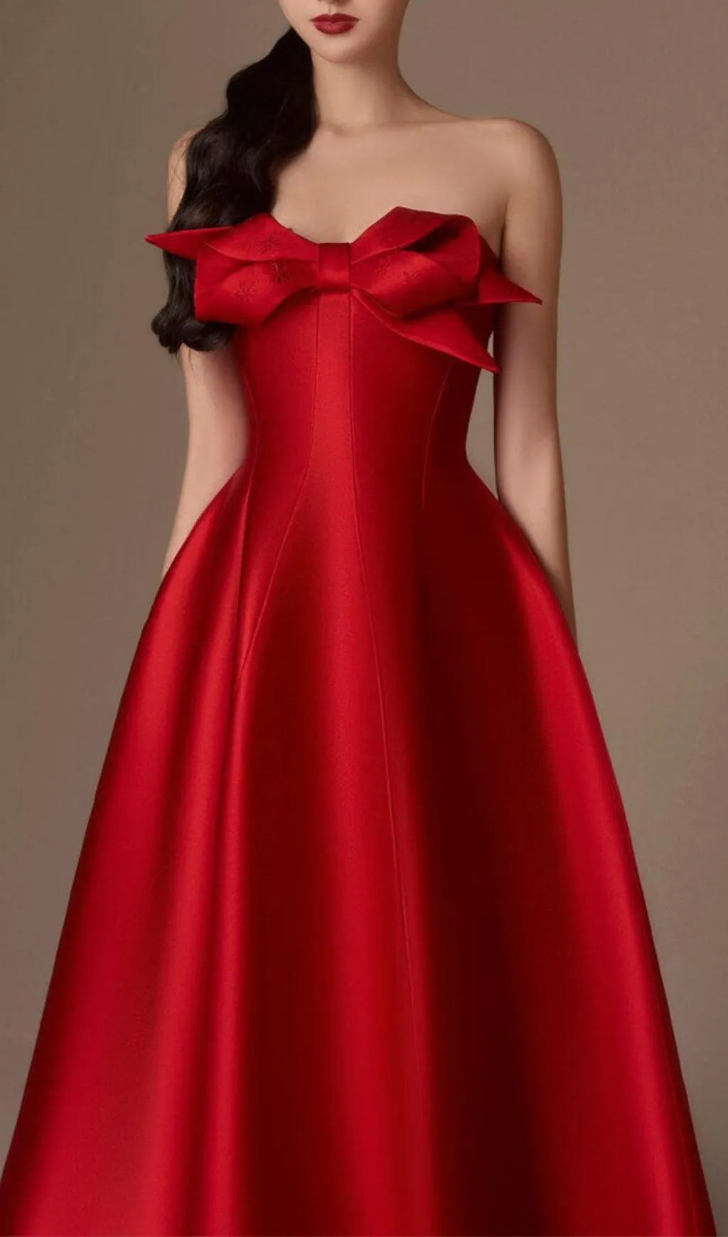 RED FLARED SEMI-HEART NECK TAFFETA MIDI DRESS Gloria Lanvin
