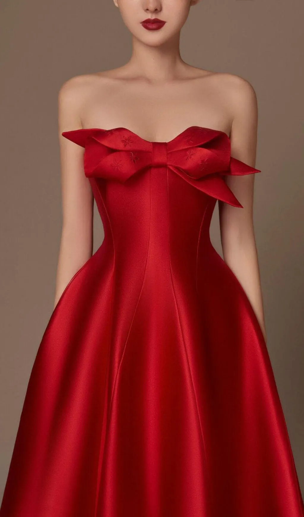 RED FLARED SEMI-HEART NECK TAFFETA MIDI DRESS Gloria Lanvin