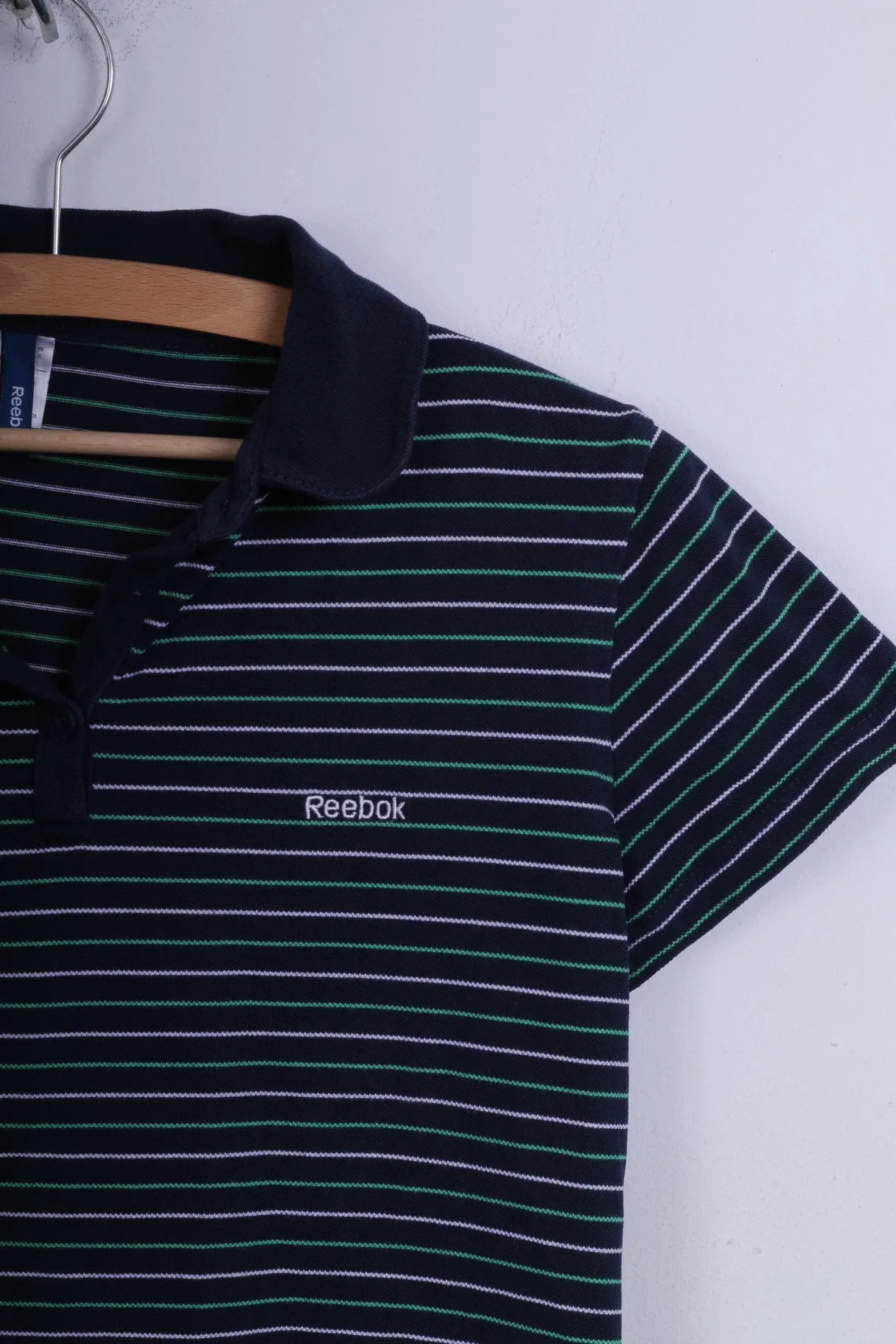 Reebok Womens XL Polo Shirt Stripes Navy Button Up  Cotton Sport