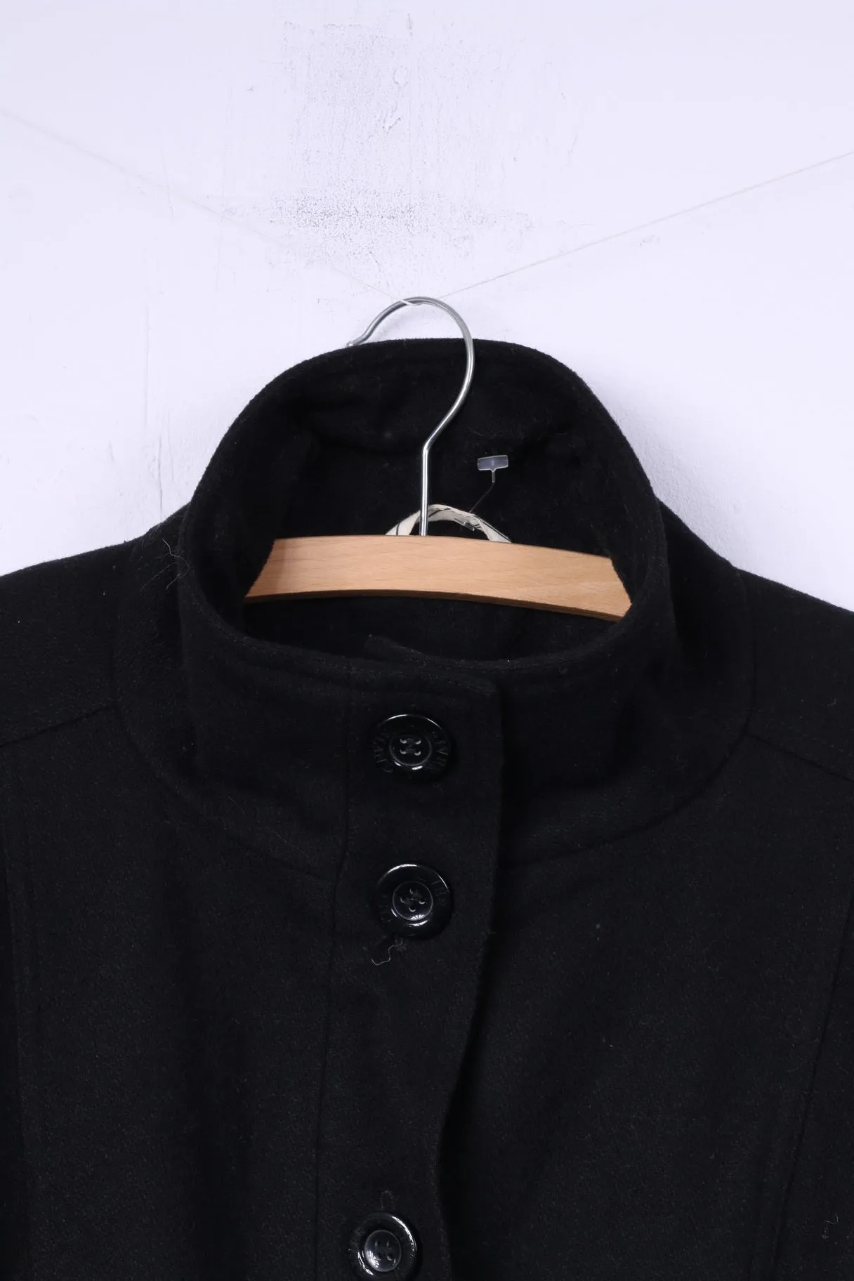 River Island Womens 12 38 M Jacket Wool Black Single Breasted Belted Coat