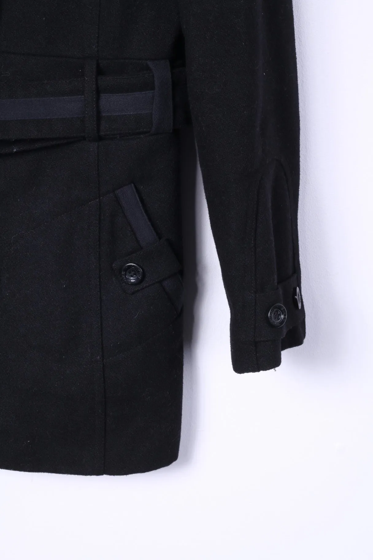 River Island Womens 12 38 M Jacket Wool Black Single Breasted Belted Coat