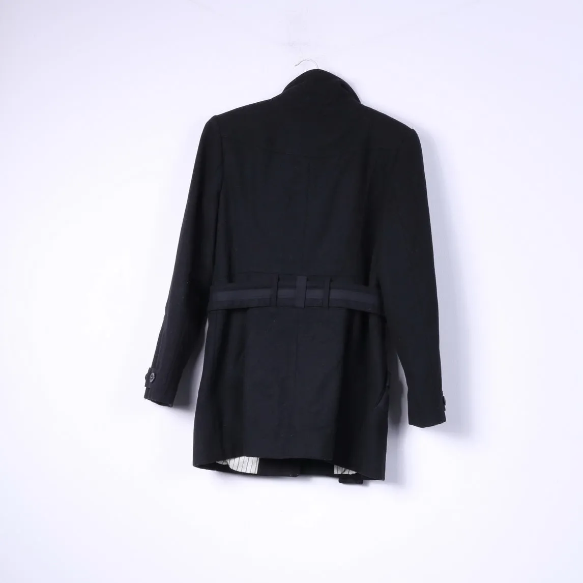River Island Womens 12 38 M Jacket Wool Black Single Breasted Belted Coat