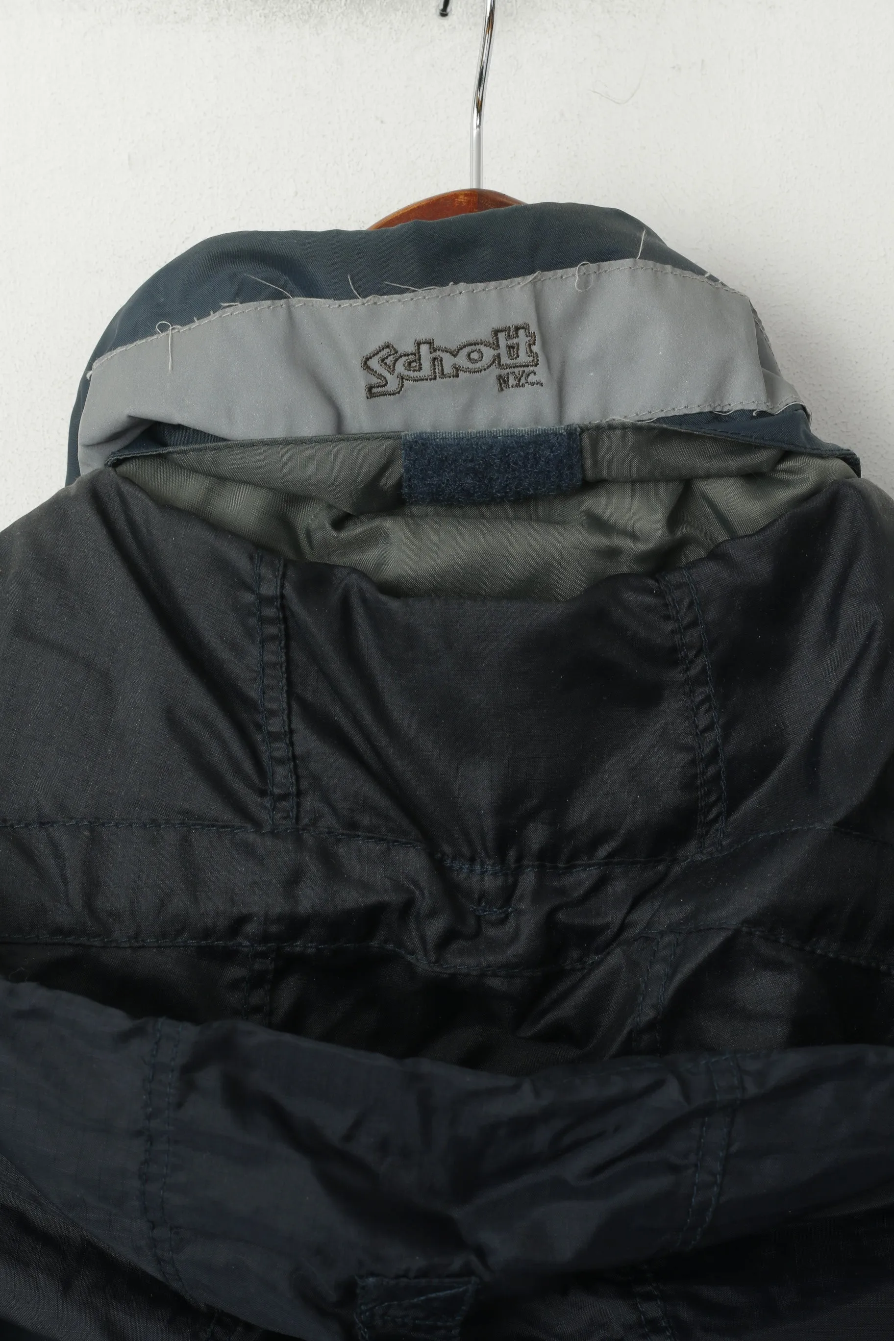 Schott N.Y.C. Men S Jacket Sea Blue Nylon Reflective Collar Zip Up  Hidden Hood Top