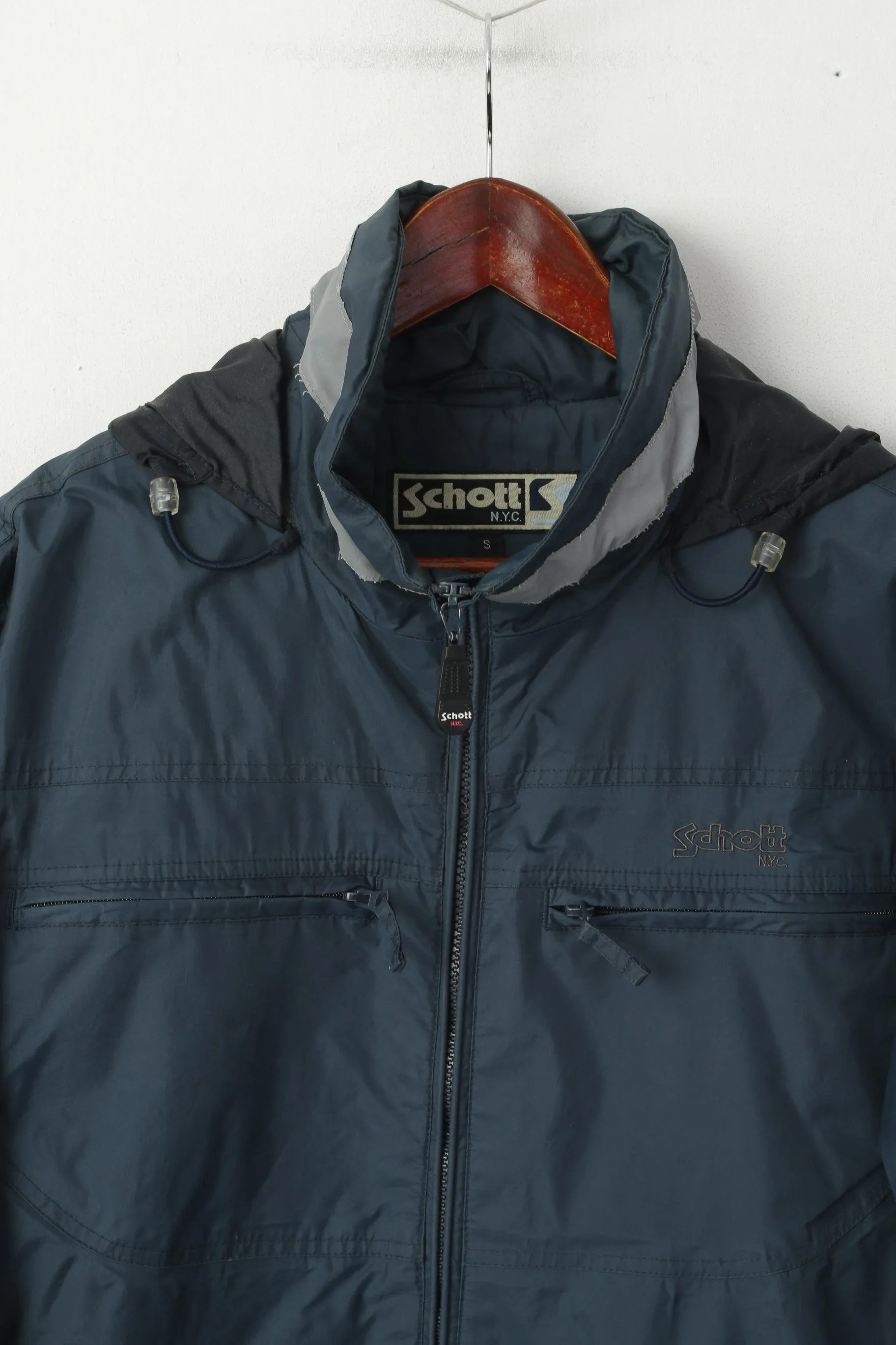 Schott N.Y.C. Men S Jacket Sea Blue Nylon Reflective Collar Zip Up  Hidden Hood Top