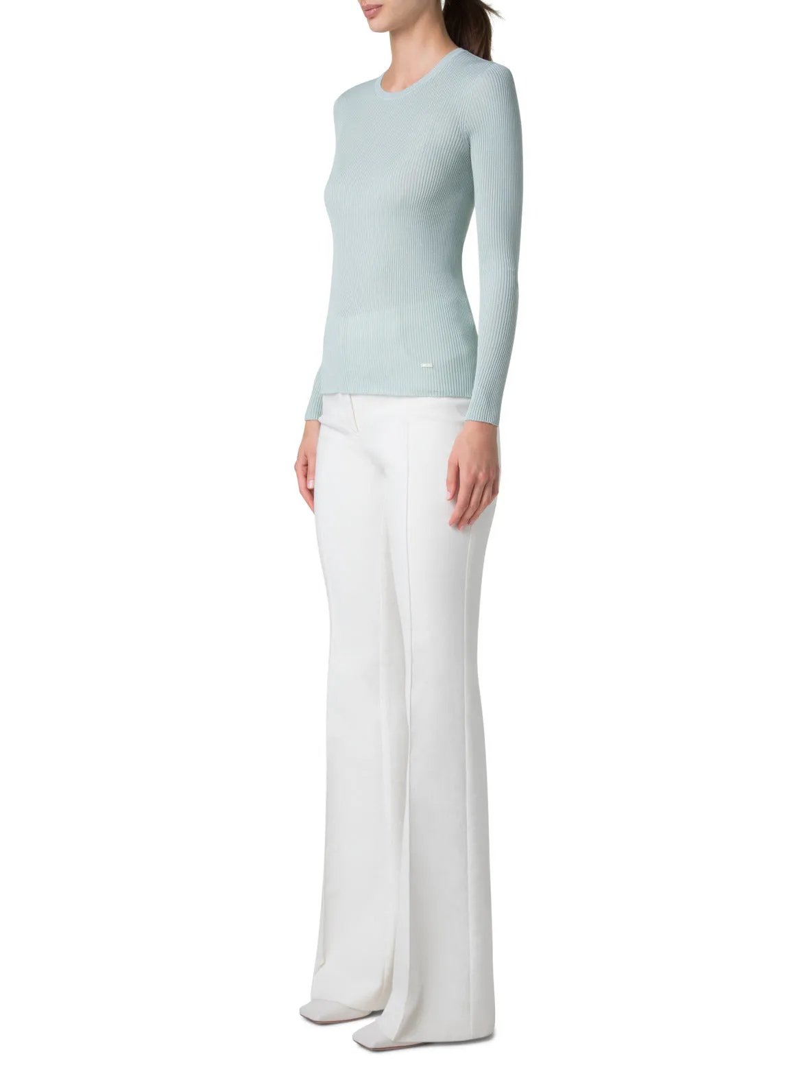 Seamless Rib Silk Cotton Knit Crew Neck Sweater Akris