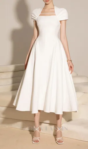 SQUARE NECKLINE A-LINE MIDI DRESS IN WHITE Gloria Lanvin