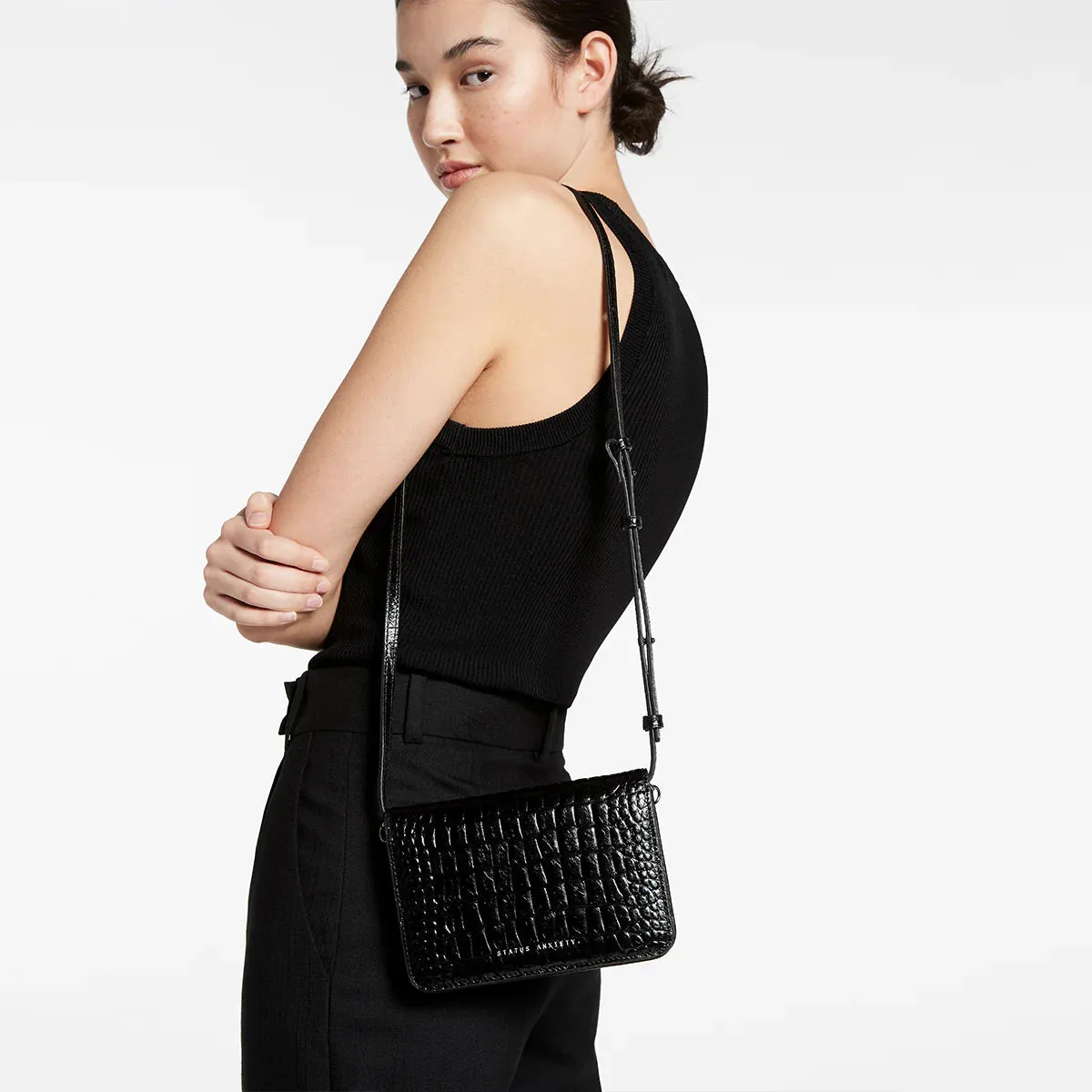 STATUS ANXIETY Womens She Burns Leather Bag - Black Croc Emboss