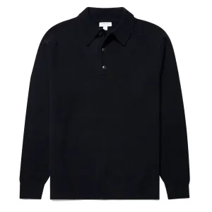 Sunspel Lambswool Polo Shirt Dark Navy Mouline