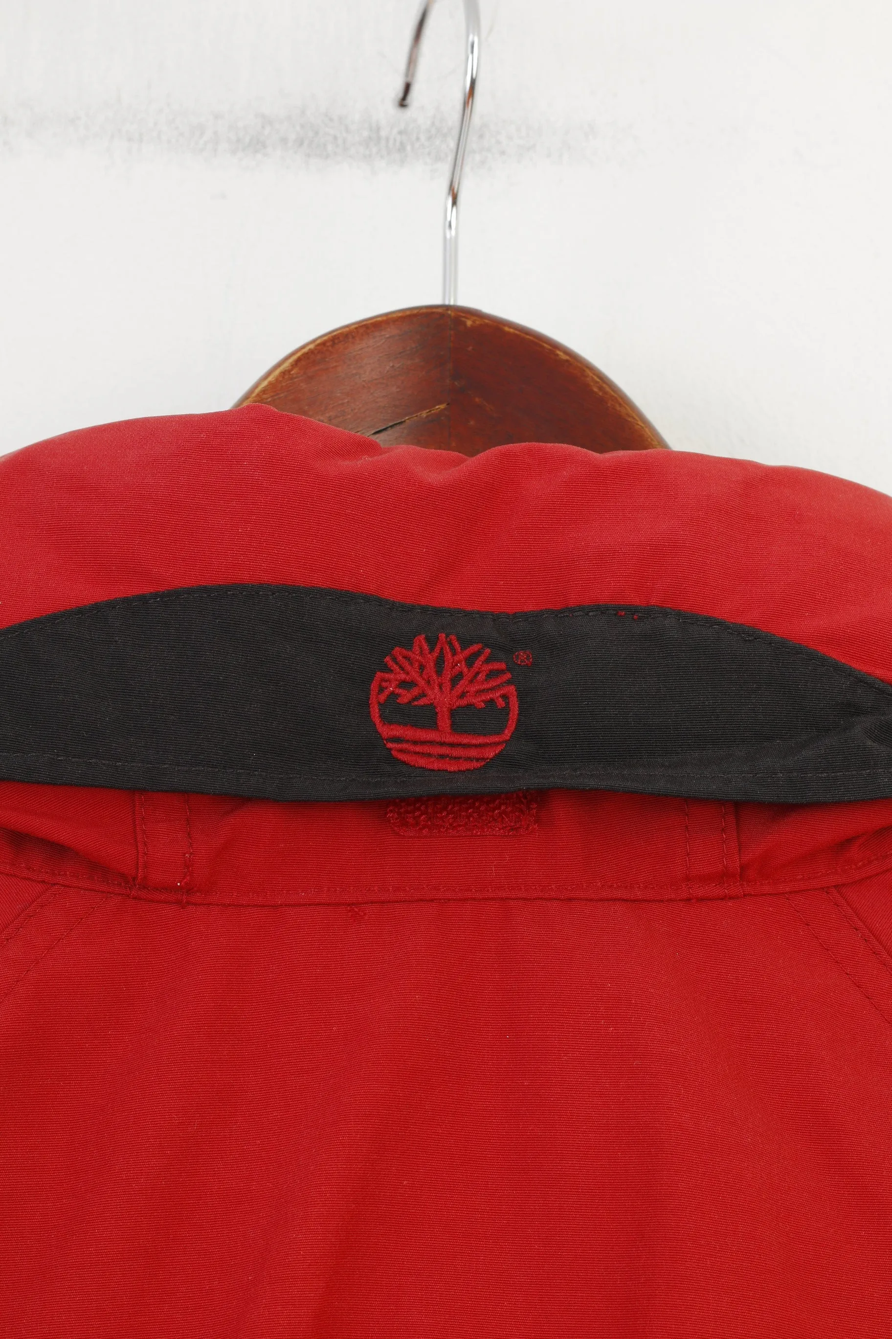 Timberland Men L Jacket Red Full Zipper Vintage Hood Outwear Cotton Nylon Pockets Top