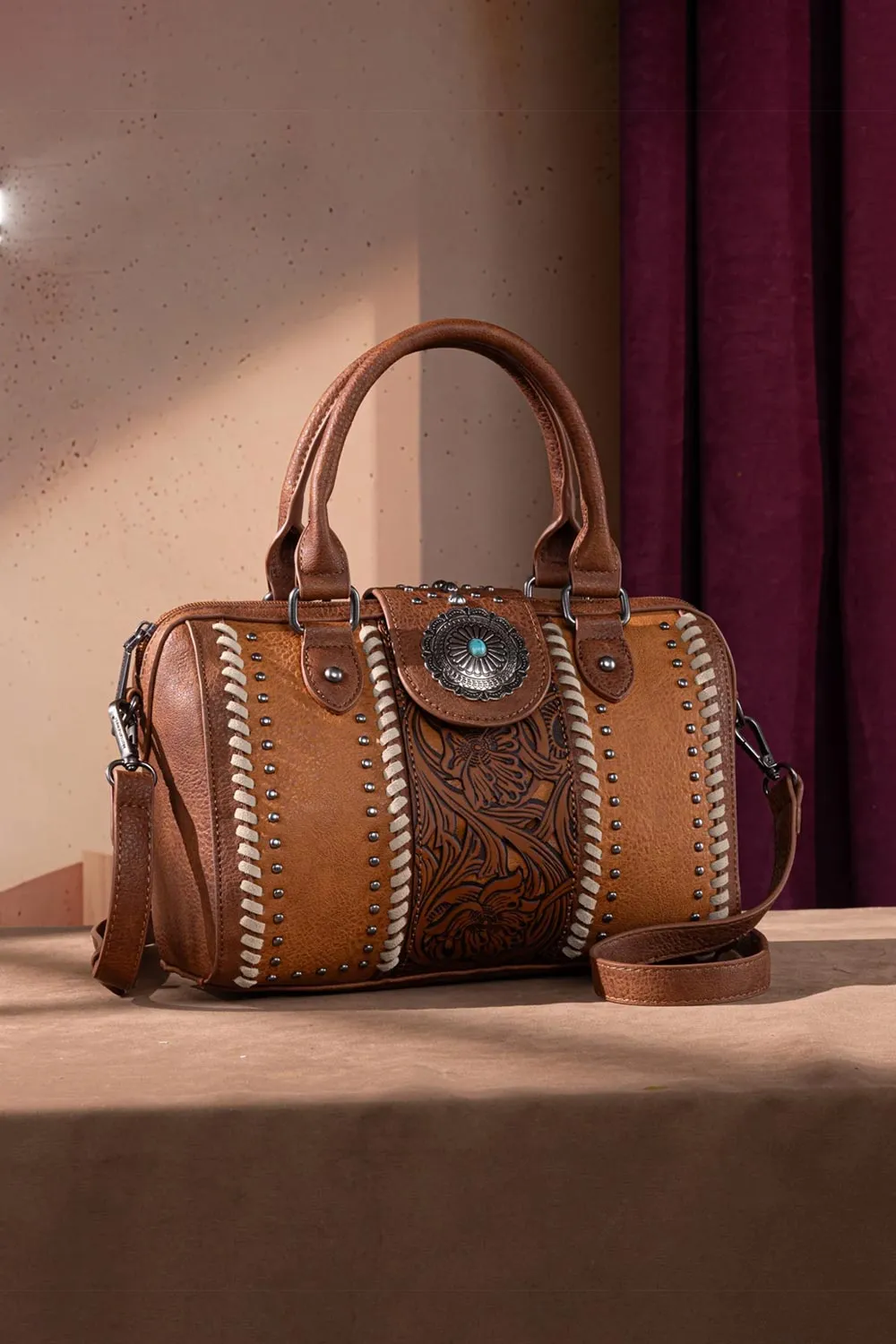 Tooled Concho Barrel Satchel Crossbody Bag for Women in Brown | MW1322-8800-BR