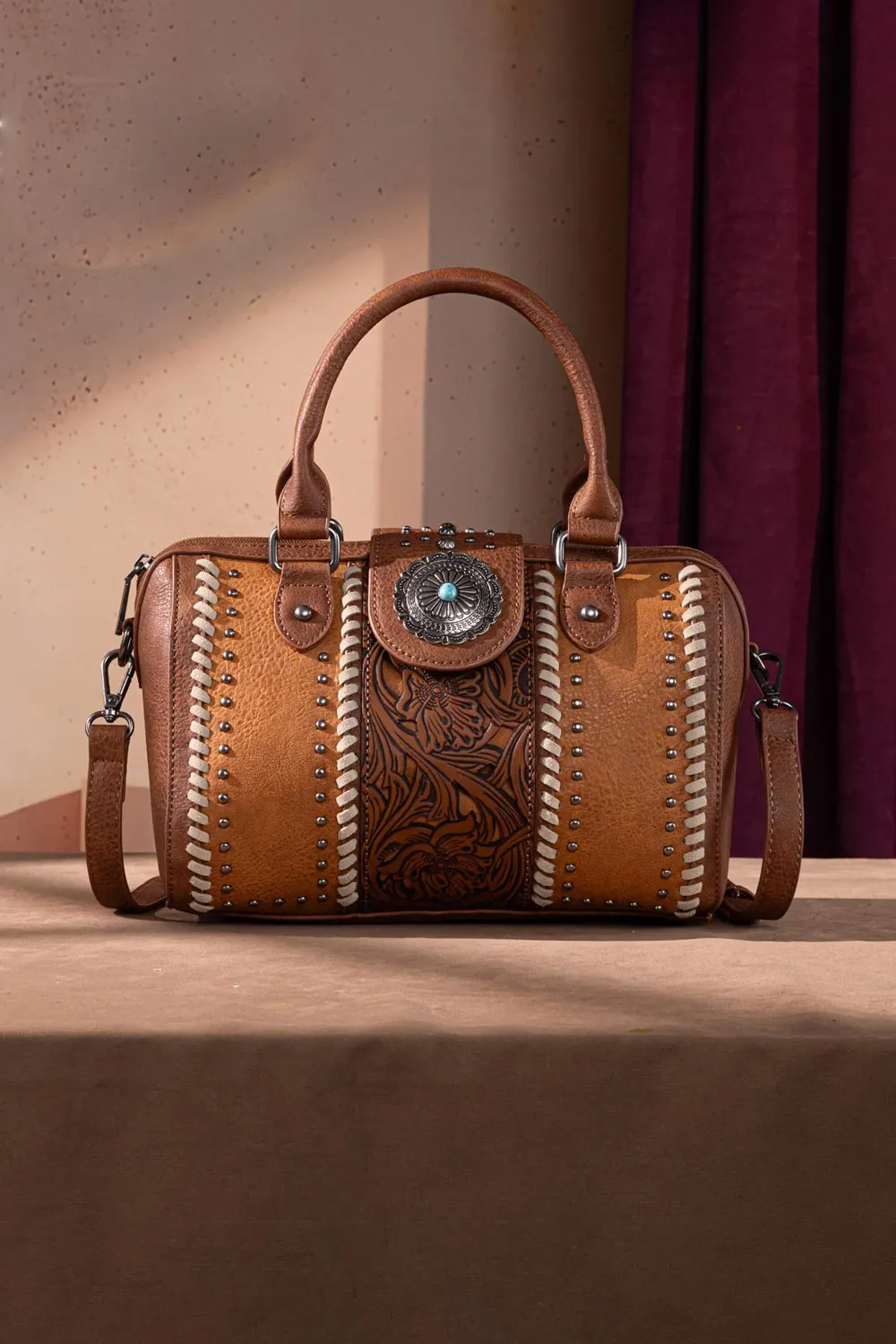Tooled Concho Barrel Satchel Crossbody Bag for Women in Brown | MW1322-8800-BR