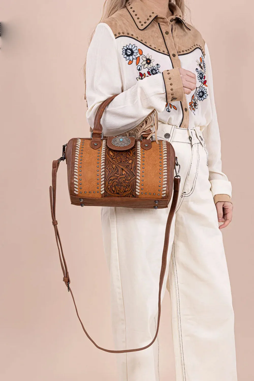 Tooled Concho Barrel Satchel Crossbody Bag for Women in Brown | MW1322-8800-BR
