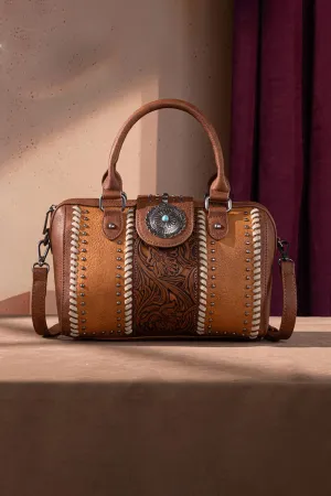 Tooled Concho Barrel Satchel Crossbody Bag for Women in Brown | MW1322-8800-BR
