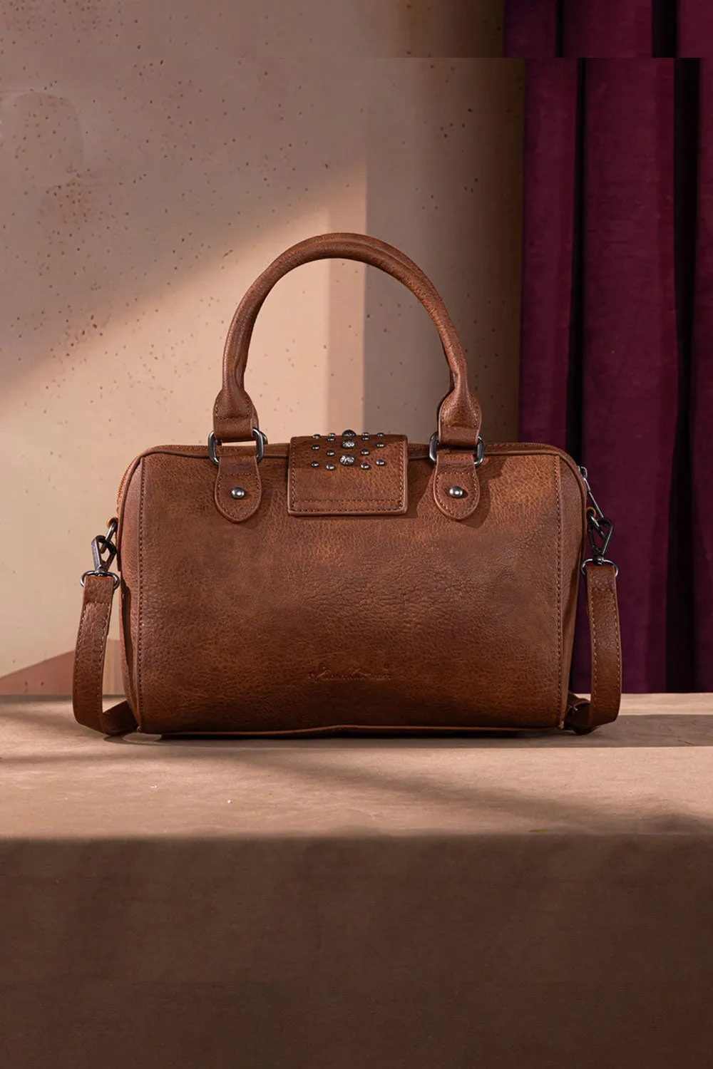 Tooled Concho Barrel Satchel Crossbody Bag for Women in Brown | MW1322-8800-BR