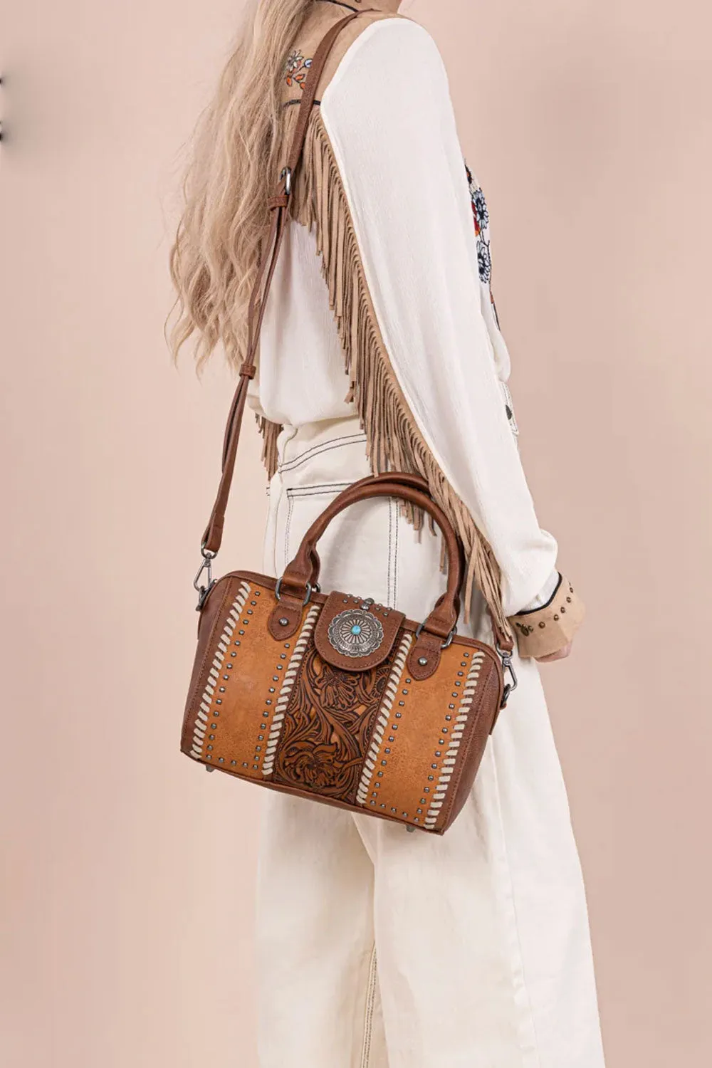Tooled Concho Barrel Satchel Crossbody Bag for Women in Brown | MW1322-8800-BR