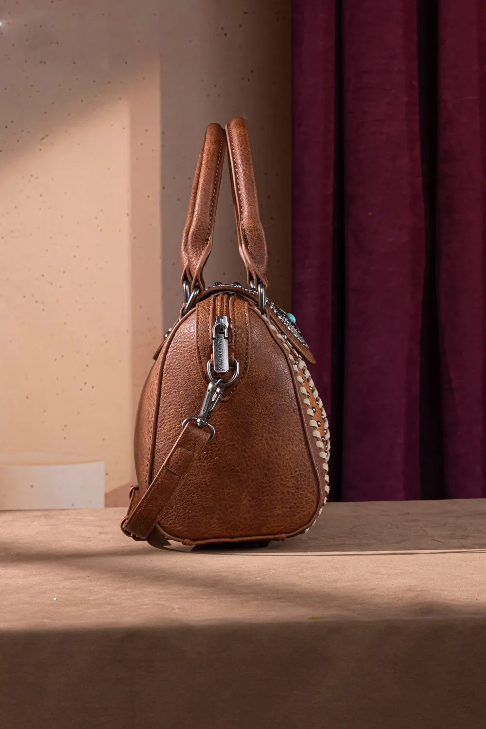 Tooled Concho Barrel Satchel Crossbody Bag for Women in Brown | MW1322-8800-BR