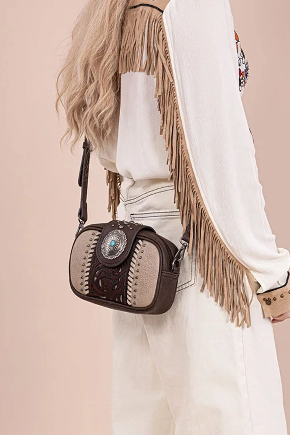 Tooled Concho Small Crossbody Bag for Women in Coffee | MW1322-8365-CF