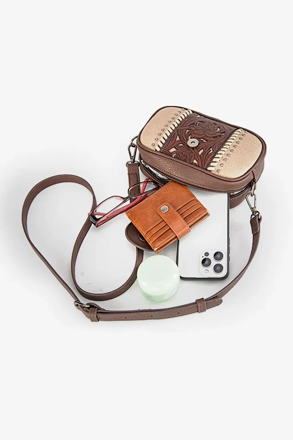 Tooled Concho Small Crossbody Bag for Women in Coffee | MW1322-8365-CF