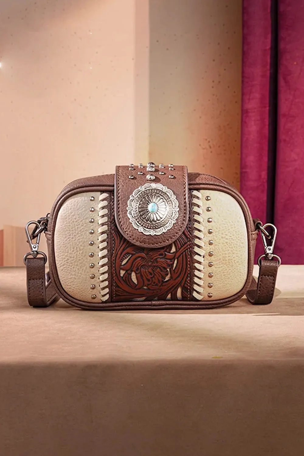 Tooled Concho Small Crossbody Bag for Women in Coffee | MW1322-8365-CF