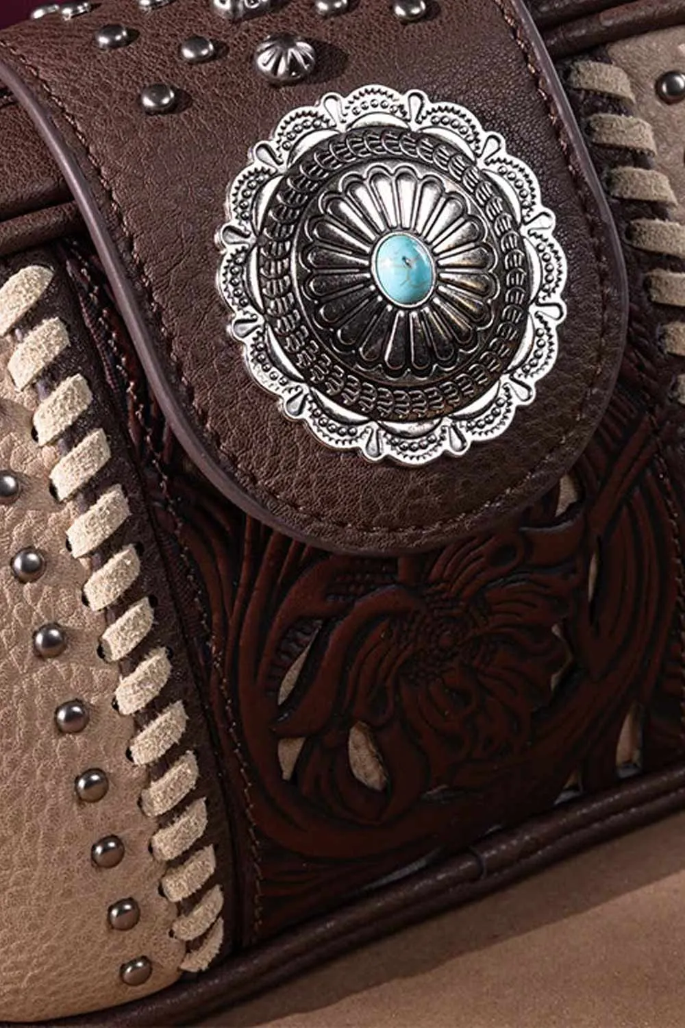 Tooled Concho Small Crossbody Bag for Women in Coffee | MW1322-8365-CF