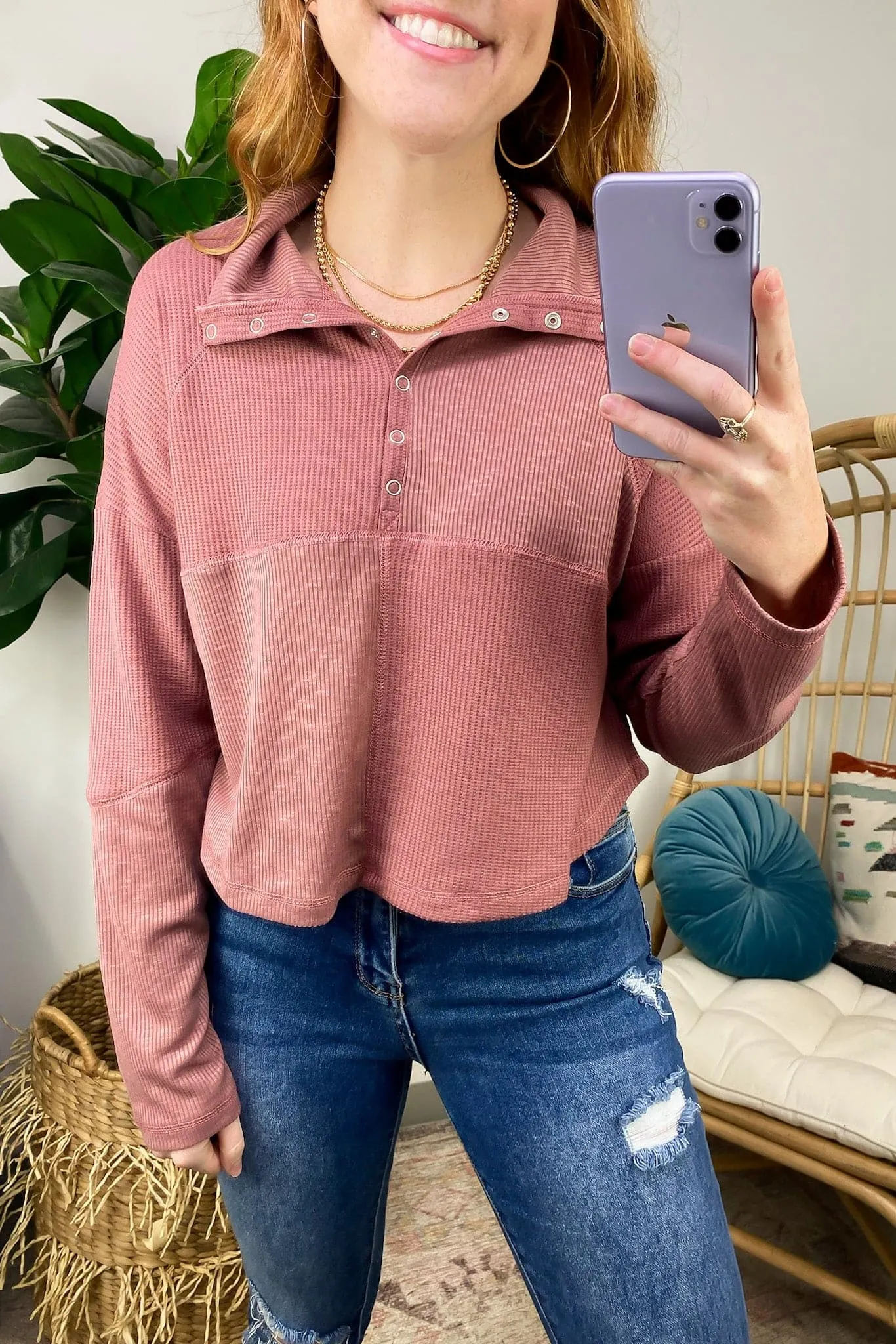 Tuscano Mock Neck Wide Collared Ribbed Henley Knit Top - FINAL SALE