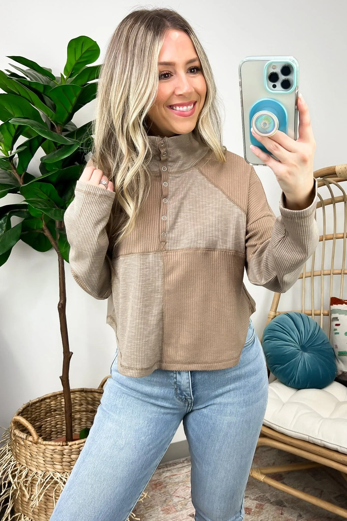 Tuscano Mock Neck Wide Collared Ribbed Henley Knit Top - FINAL SALE