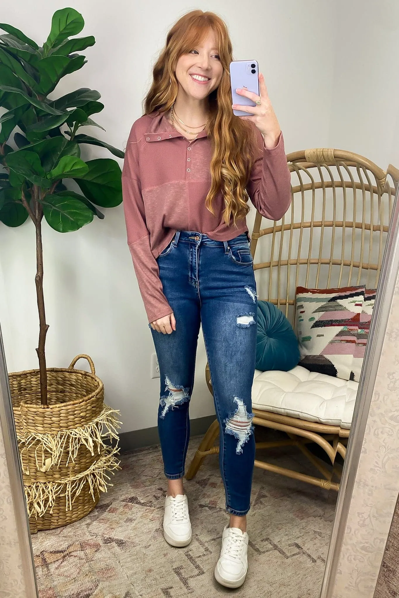 Tuscano Mock Neck Wide Collared Ribbed Henley Knit Top - FINAL SALE
