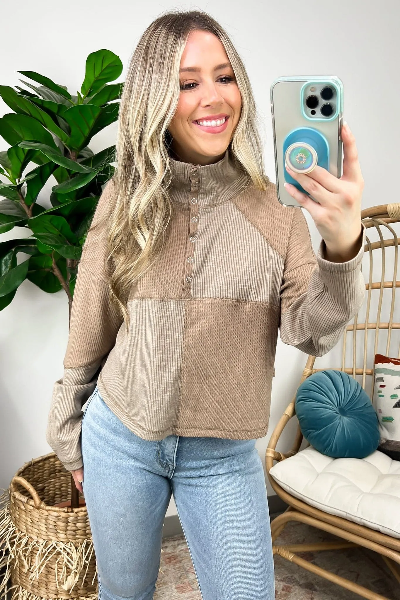 Tuscano Mock Neck Wide Collared Ribbed Henley Knit Top - FINAL SALE